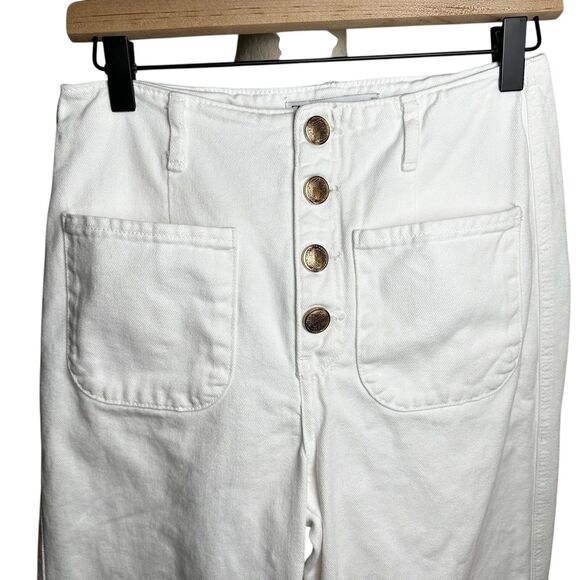 Zara Sailor Gold Button Wide Leg Embroidered Cropped White Patch Pocket Jeans 6 - Picture 3 of 8